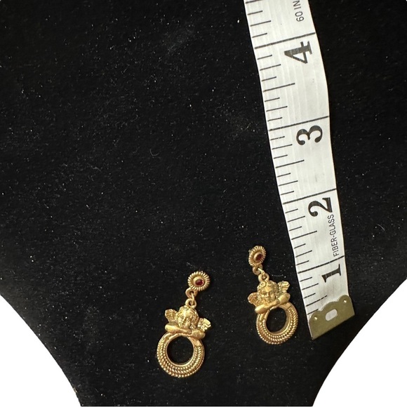 The Vatican Library Gold Toned Cherub Red Rhinestone 1.5” Dangle Hook Earrings - Picture 7 of 9